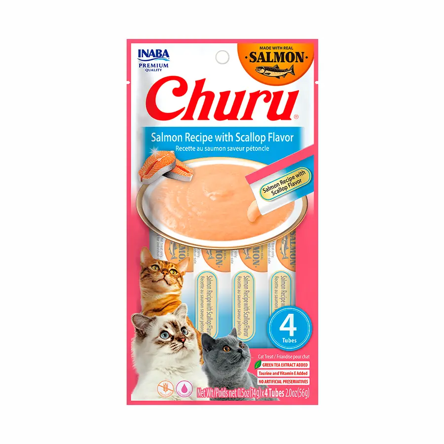 Inaba Snack Churu 4 Piezas Salmon Recipe With Scallop Flavor para Gatos