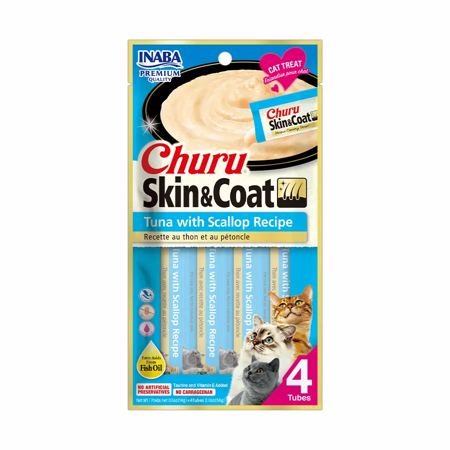 [USA673 IN] Inaba Snack Churu 4 Piezas Skin & Coat Tuna With Scallop Recipe para Gatos