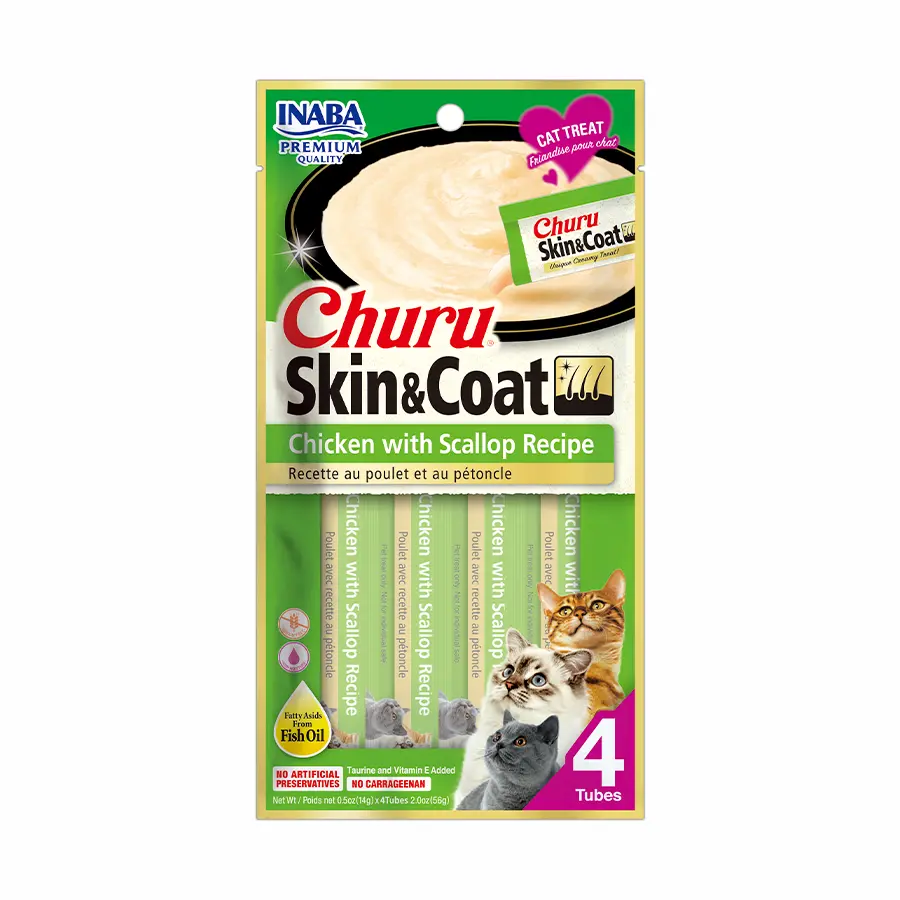 [USA674 IN] Inaba Snack Churu 4 Piezas Skin & Coat Pollo With Scallop Recipe para Gatos